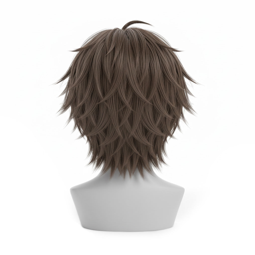 Back view of Kazuma cosplay wig showing clean layered brown style