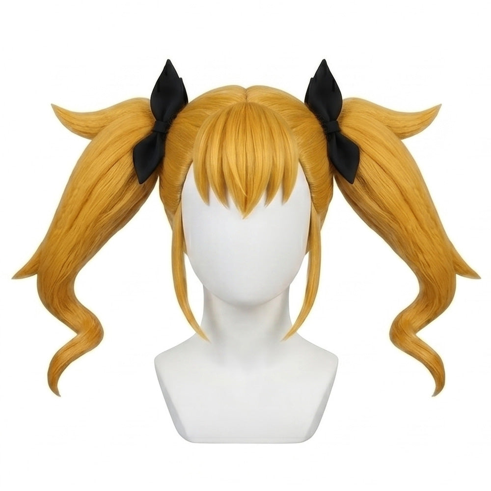Front view of Kikoru Shinomiya cosplay wig with blonde twin-tails and black bows