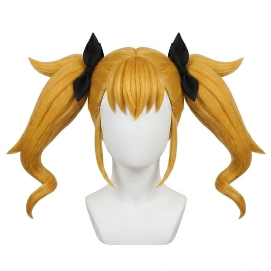 Front view of Kikoru Shinomiya cosplay wig with blonde twin-tails and black bows