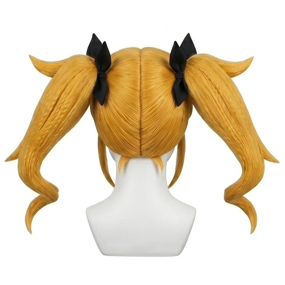 Back view of long blonde Kikoru Shinomiya cosplay wig with twin-tails