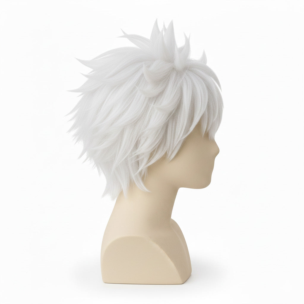 Killua cosplay wig side view showing soft spikes and layered volume