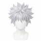 Front view of Killua Zoldyck cosplay wig with spiky white anime-style hair