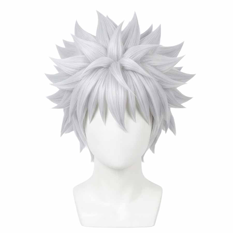 Front view of Killua Zoldyck cosplay wig with spiky white anime-style hair