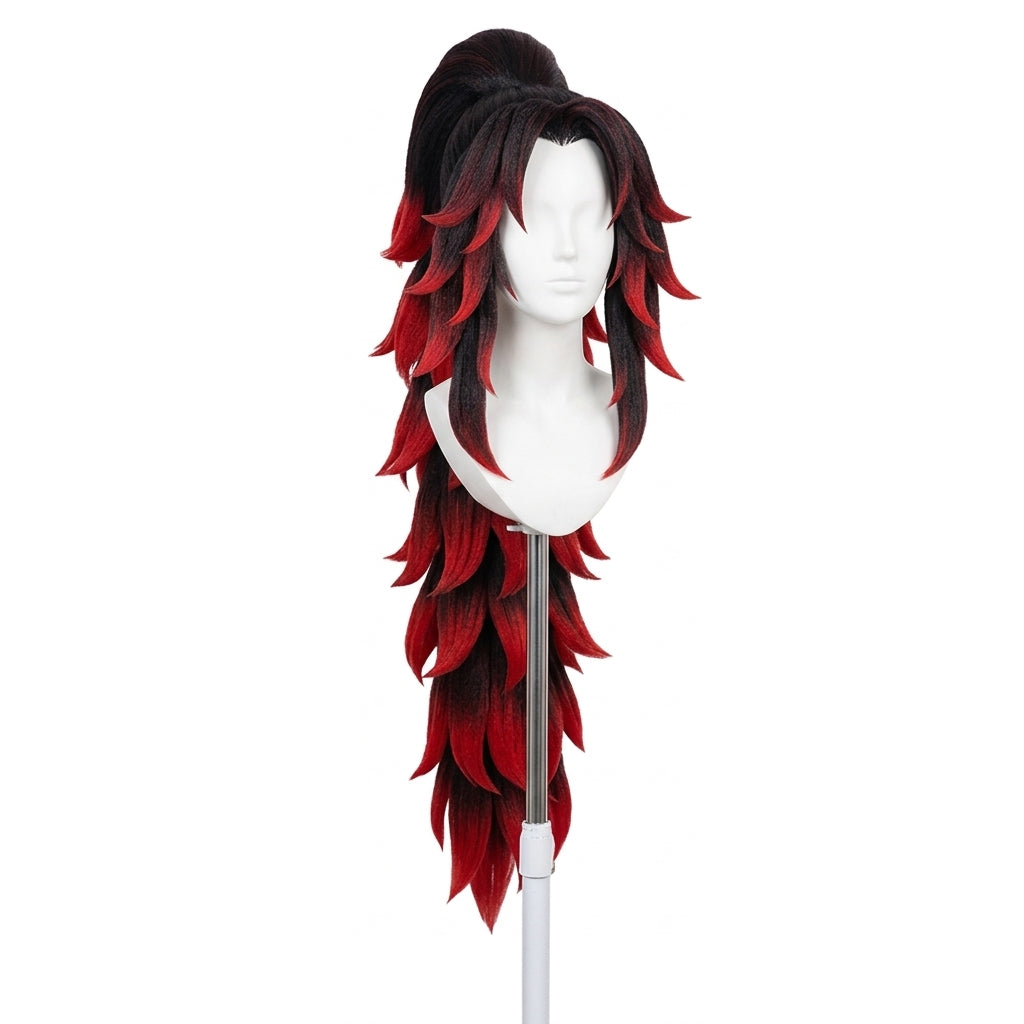 Kokushibo cosplay wig styled version showing long sleek black red hair and dramatic silhouette, black and red wig on a mannequin head against a white background
