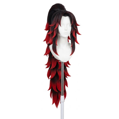 Kokushibo cosplay wig styled version showing long sleek black red hair and dramatic silhouette, black and red wig on a mannequin head against a white background