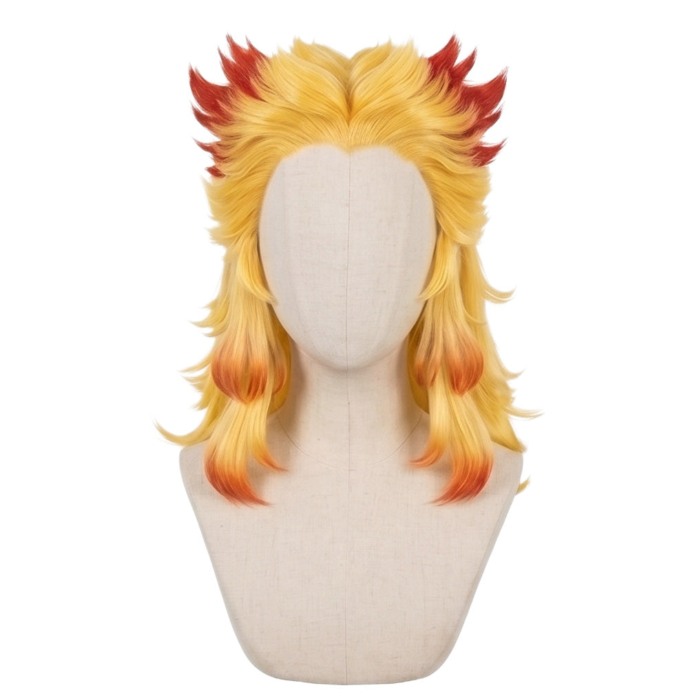 Front view of Kyojuro Rengoku cosplay wig with bright yellow and flame-red hair