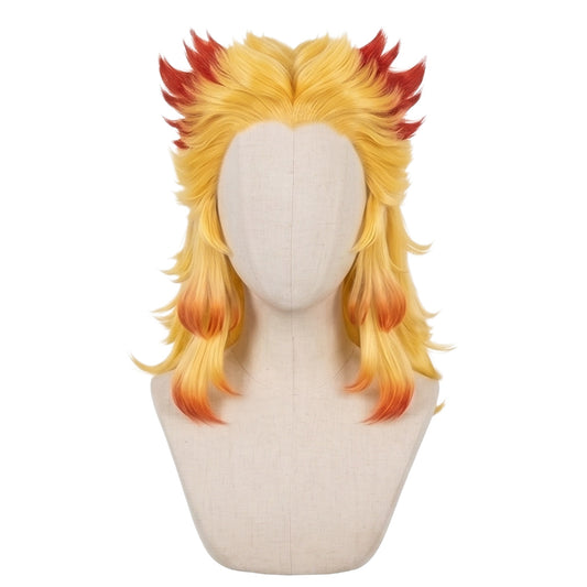 Front view of Kyojuro Rengoku cosplay wig with bright yellow and flame-red hair