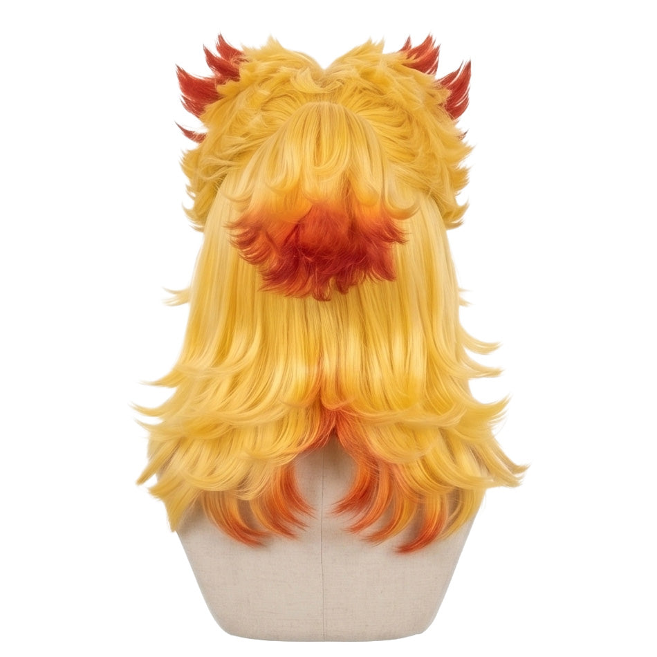 Back view of Flame Hashira cosplay wig featuring messy ponytail