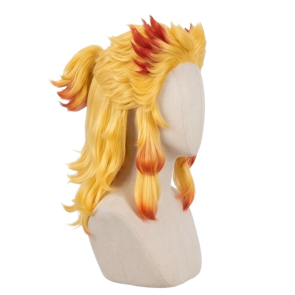 Side view of Rengoku wig showing long flared layers and shoulder-length bangs
