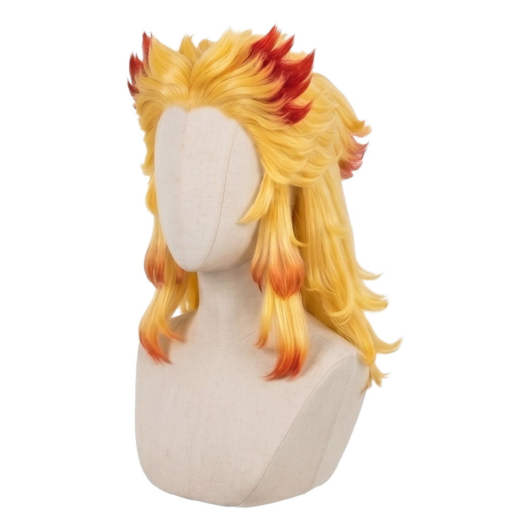 Handmade Kyojuro Rengoku cosplay wig displayed on mannequin with anime-accurate styling
