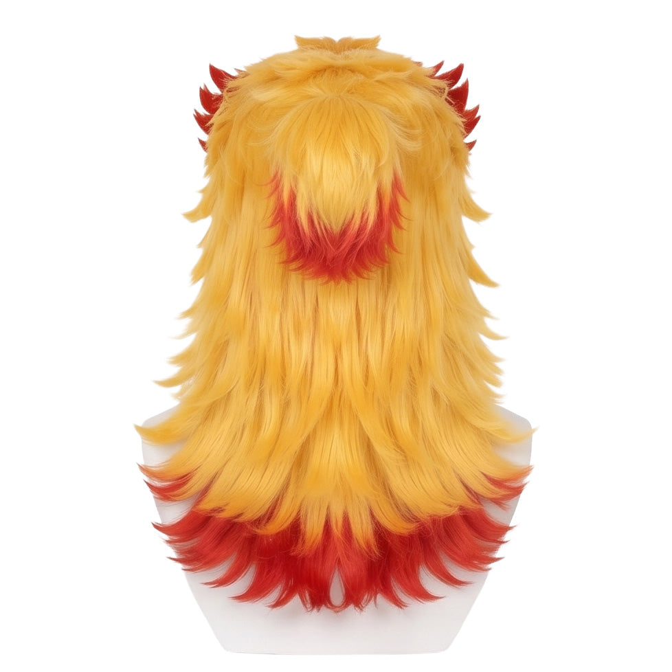 Back view of Demon Slayer Kyojuro Rengoku wig showing unstyled fibers