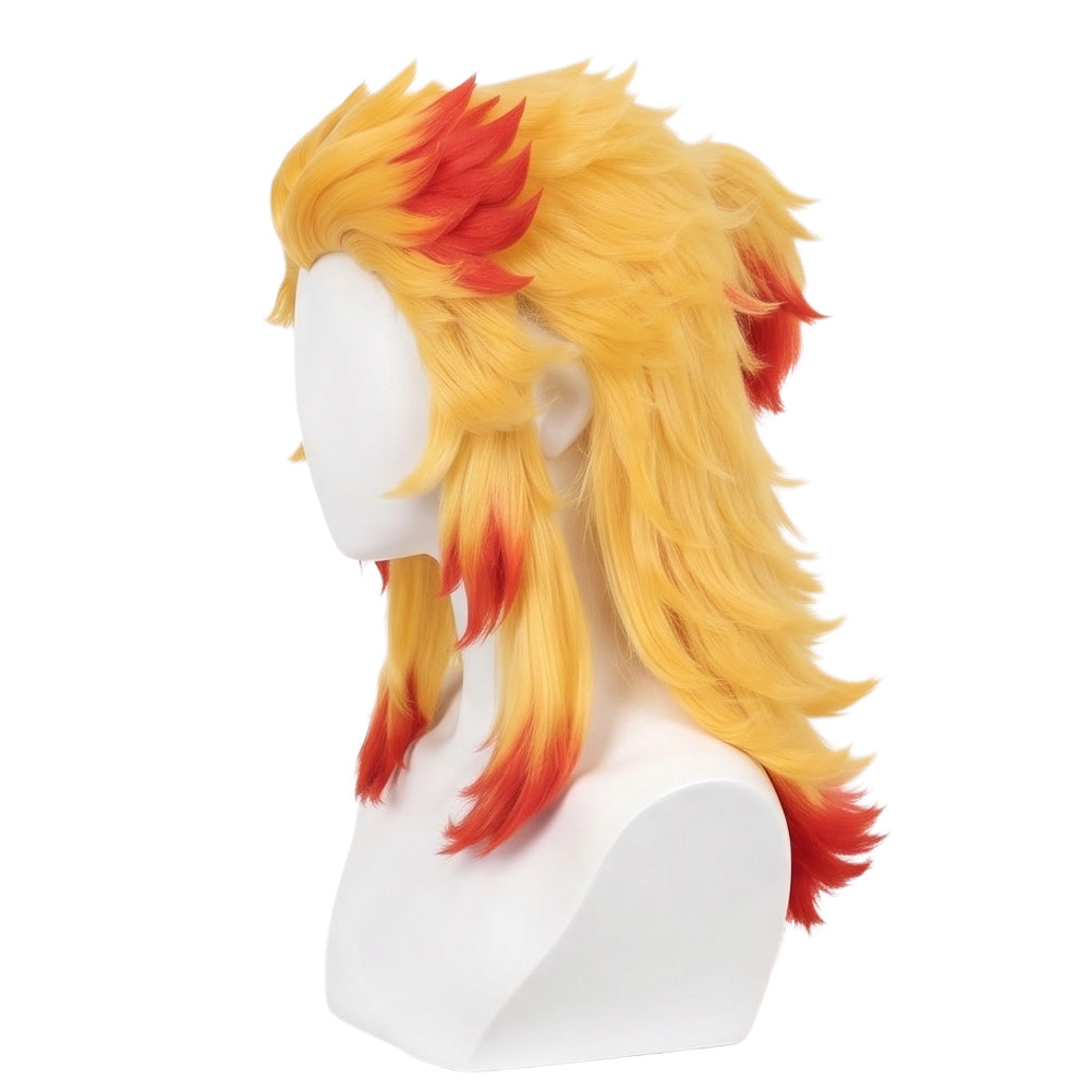 Side view of Flame Hashira basic cosplay wig with yellow and red fibers