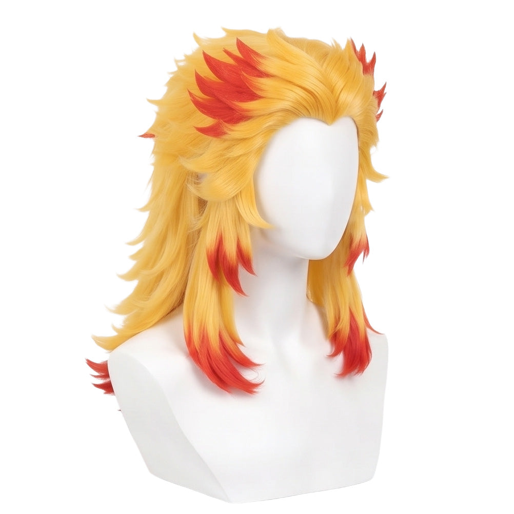Premium heat-resistant fibers on Kyojuro Rengoku wig