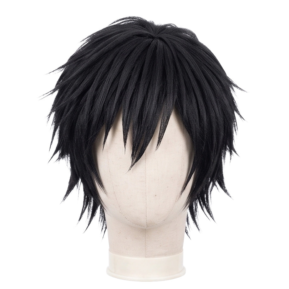 Lelouch Lamperouge cosplay wig from Code Geass featuring a handcrafted black purple layered anime hairstyle with side-swept bangs and elegant character styling