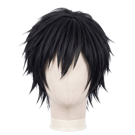 Lelouch Lamperouge cosplay wig from Code Geass featuring a handcrafted black purple layered anime hairstyle with side-swept bangs and elegant character styling