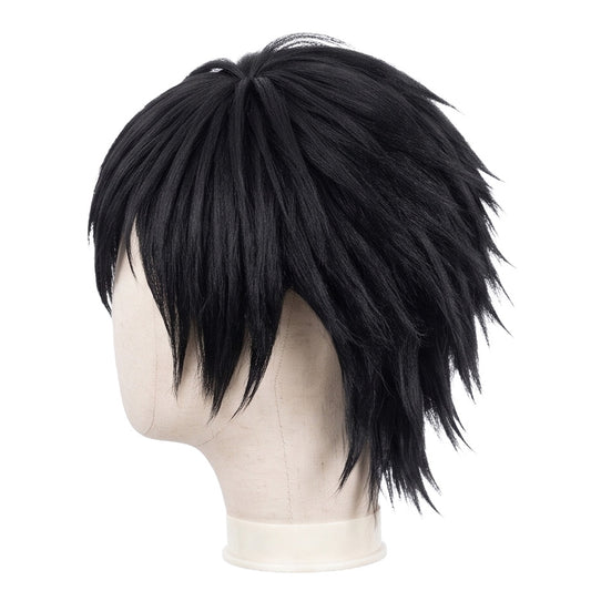 Side view of Lelouch Lamperouge wig showing dark layered hair with purple tones, smooth side sections, and professionally styled Code Geass cosplay wig details