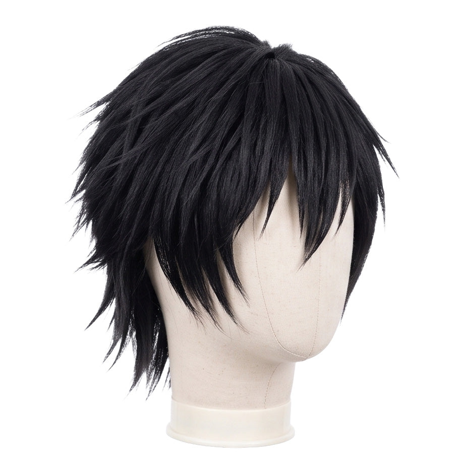 3/4 view of Lelouch Lamperouge cosplay wig displaying sleek black purple layers, pointed bangs, and handcrafted anime character hairstyle design