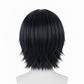 Black wig on a mannequin head against a white background