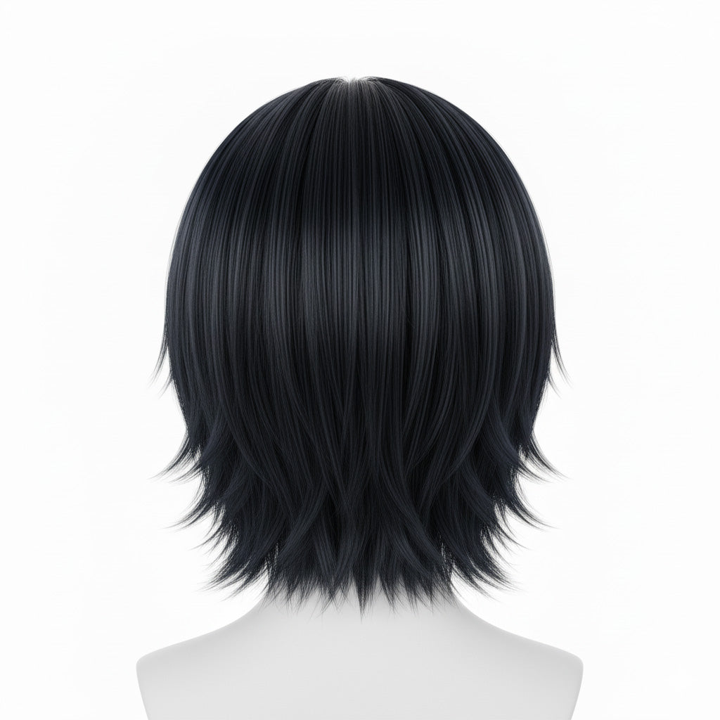 Black wig on a mannequin head against a white background