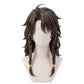 Leona Kingscholar cosplay wig from Twisted Wonderland featuring a handcrafted long dark brown hairstyle with side-parted bangs covering the eyes and character-accurate styling