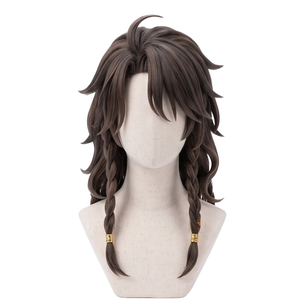 Leona Kingscholar cosplay wig from Twisted Wonderland featuring a handcrafted long dark brown hairstyle with side-parted bangs covering the eyes and character-accurate styling