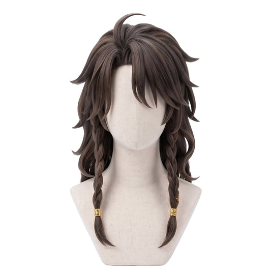 Leona Kingscholar cosplay wig from Twisted Wonderland featuring a handcrafted long dark brown hairstyle with side-parted bangs covering the eyes and character-accurate styling