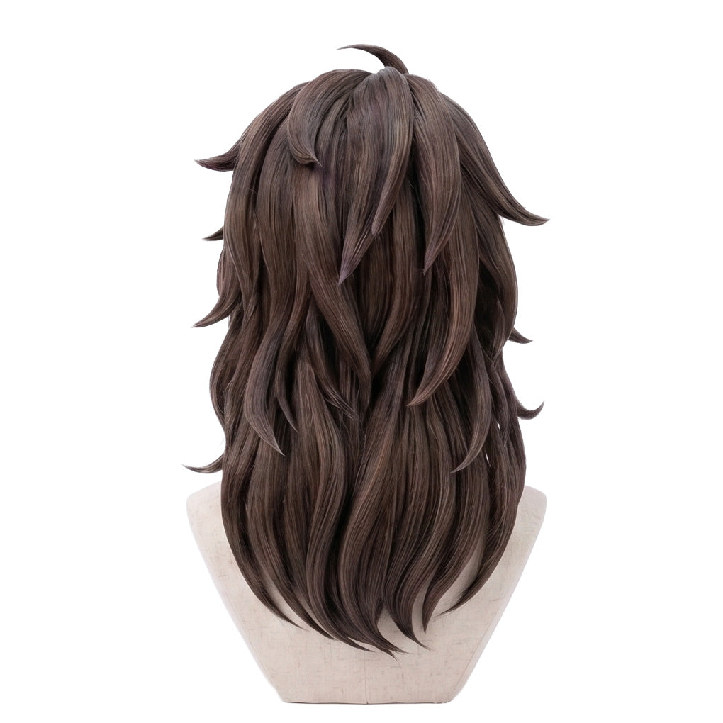 Back view of Leona Kingscholar wig featuring thick shoulder-length dark brown hair, layered texture, and a smooth flowing anime character hairstyle silhouette