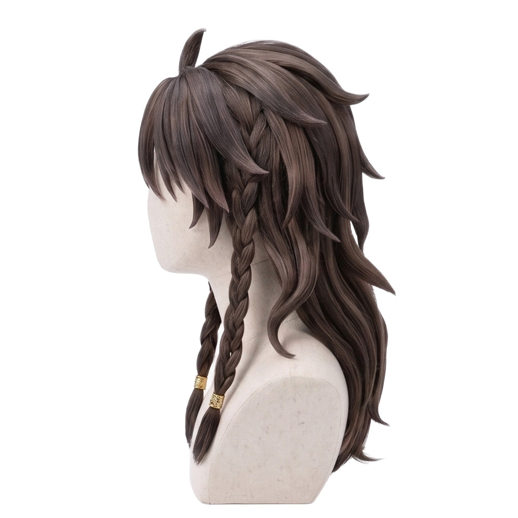 Side view of Leona Kingscholar wig showing thick dark brown layered hair, long flowing length, face-framing braid, and yellow hair tie details