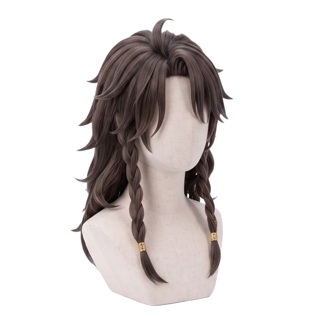 3/4 view of Leona Kingscholar cosplay wig displaying long brown hair, eye-covering side bangs, braided sections on both sides, and handcrafted Twisted Wonderland styling