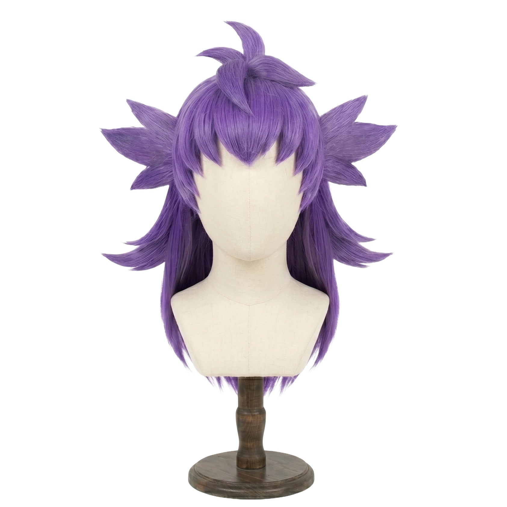 Front view of Leon cosplay wig with purple spiky Champion hair