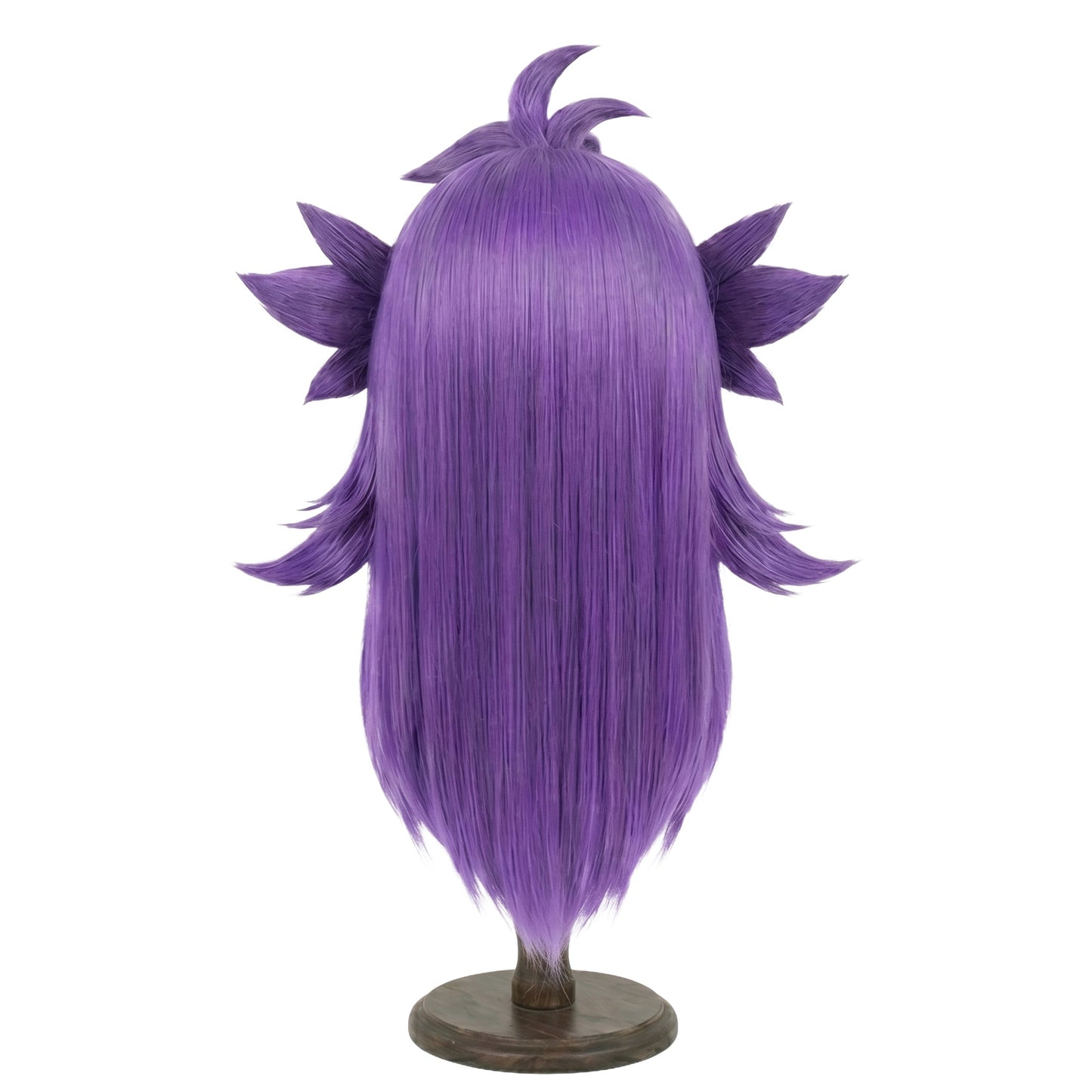 Back view of Pokémon Leon cosplay wig with structured purple styling