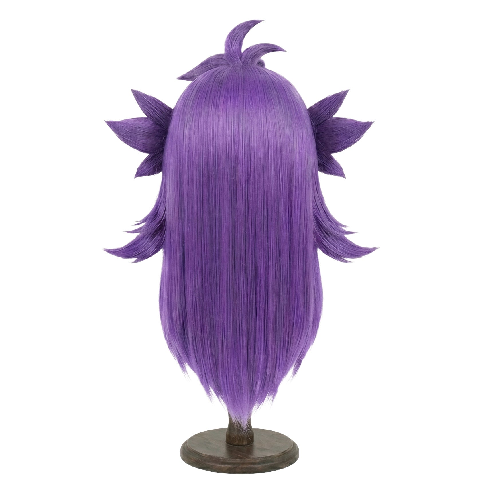 Back view of Pokémon Leon cosplay wig with structured purple styling