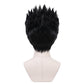Back view of short black Leorio Paradinight cosplay wig with unstyled fibers