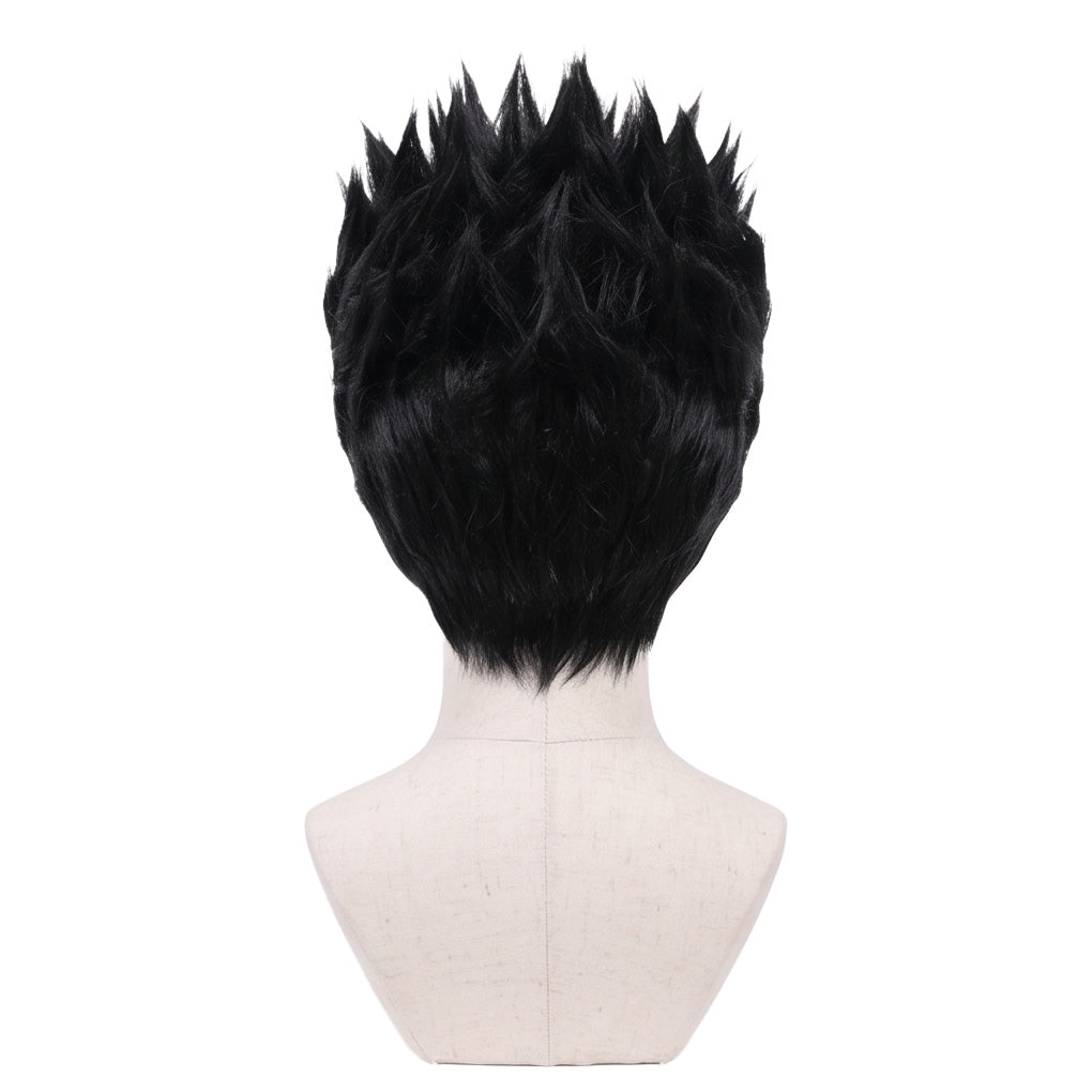 Back view of short black Leorio Paradinight cosplay wig with unstyled fibers