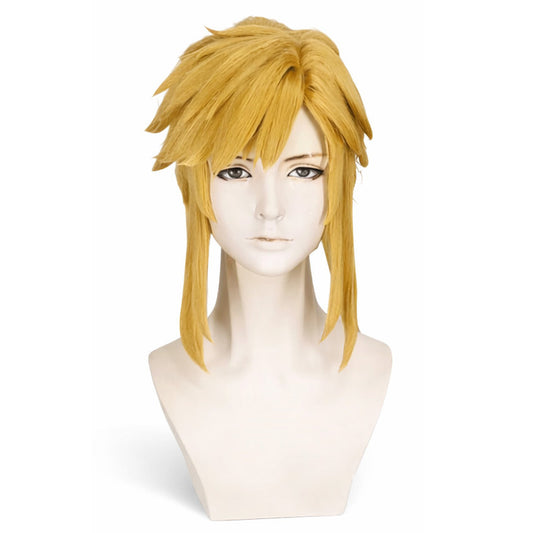Front view of Link cosplay wig with golden blonde layered styling
