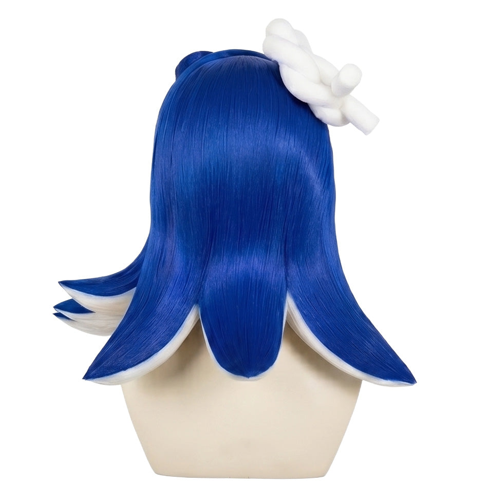 Back view of premium Splatoon Inkling cosplay wig with smooth blue fibers