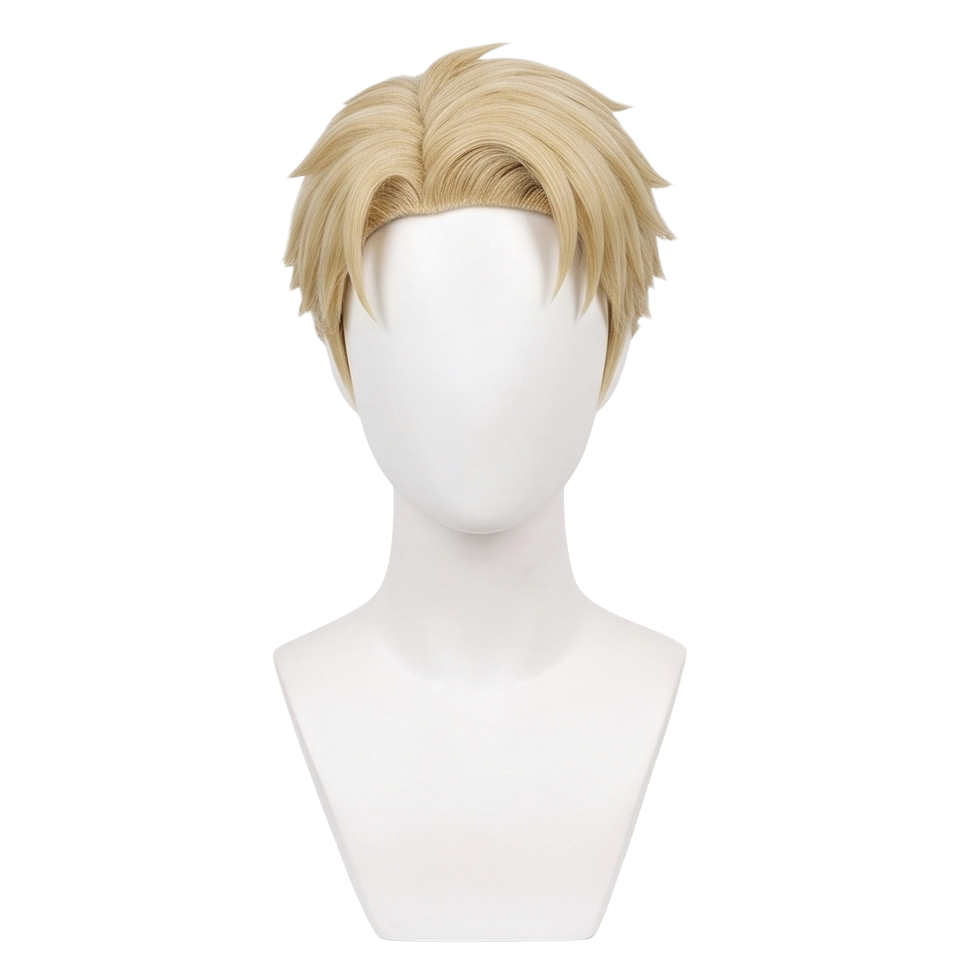 Front view of Loid Forger cosplay wig with short blond ruffled hair