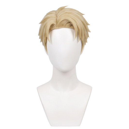 Front view of Loid Forger cosplay wig with short blond ruffled hair