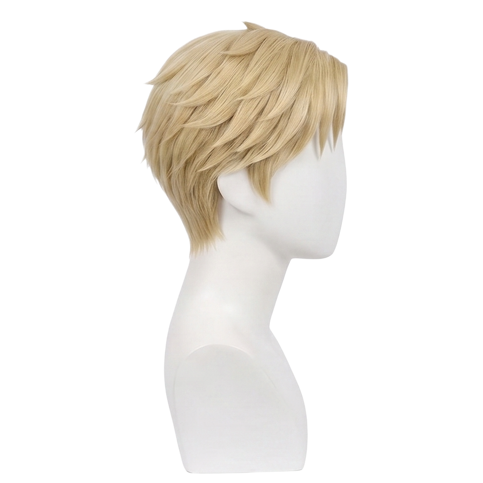 Side view of Loid Forger wig showing layered textured styling