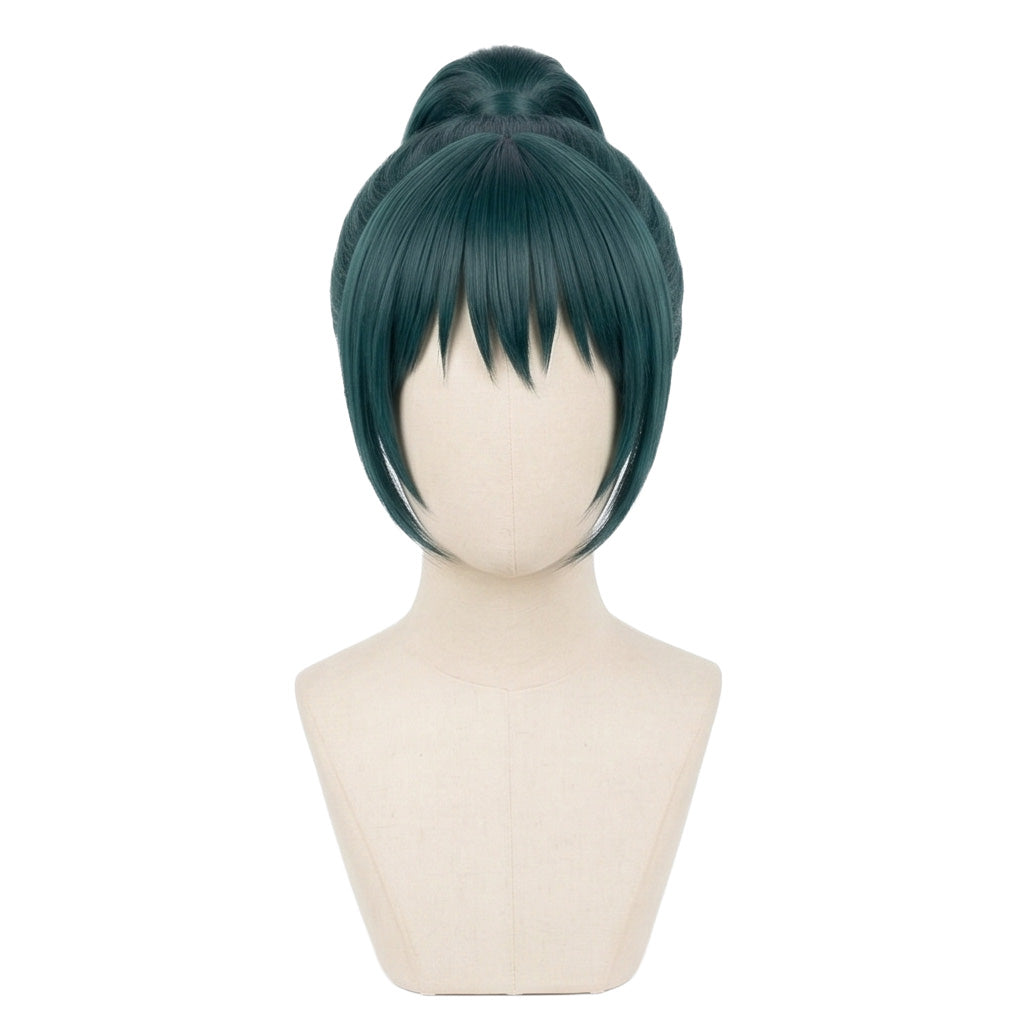 Maki Zenin cosplay wig on mannequin for trimming and layering reference