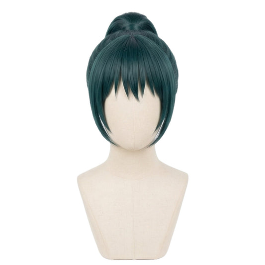 Maki Zenin cosplay wig on mannequin for trimming and layering reference