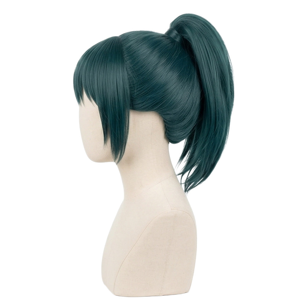 Side view showing dark green wig fibers and layered bangs