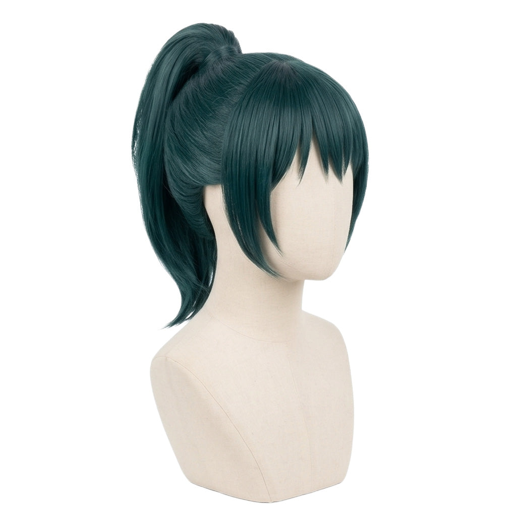 Maki Zenin Green wig on a mannequin head against a white background