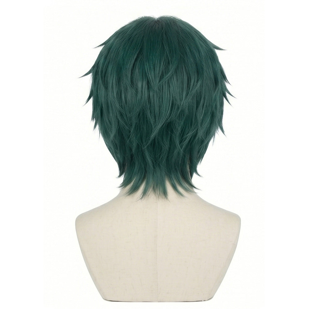 Back view of dark green basic cosplay wig inspired by Maki Zenin
