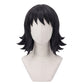 Makomo cosplay wig from Demon Slayer featuring handcrafted black shoulder-length hair with short micro bangs, smooth layers, and outward-spiked ends for an accurate Kimetsu no Yaiba hairstyle