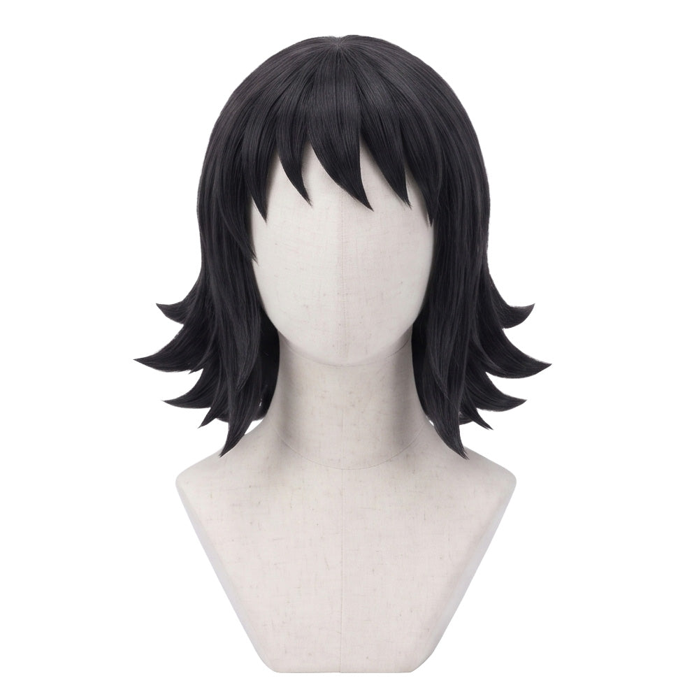Makomo cosplay wig from Demon Slayer featuring handcrafted black shoulder-length hair with short micro bangs, smooth layers, and outward-spiked ends for an accurate Kimetsu no Yaiba hairstyle