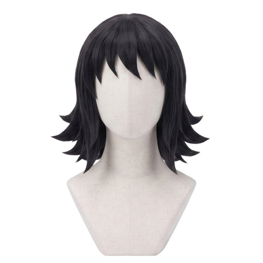 Makomo cosplay wig from Demon Slayer featuring handcrafted black shoulder-length hair with short micro bangs, smooth layers, and outward-spiked ends for an accurate Kimetsu no Yaiba hairstyle
