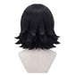 Back view of Makomo cosplay wig showing shoulder-length black hair, textured outward-flipped layers, smooth synthetic fibers, and the anime-inspired hairstyle shape