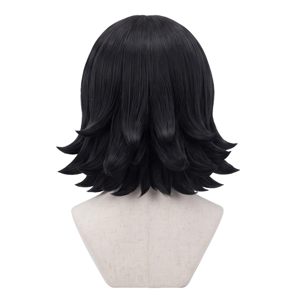 Back view of Makomo cosplay wig showing shoulder-length black hair, textured outward-flipped layers, smooth synthetic fibers, and the anime-inspired hairstyle shape