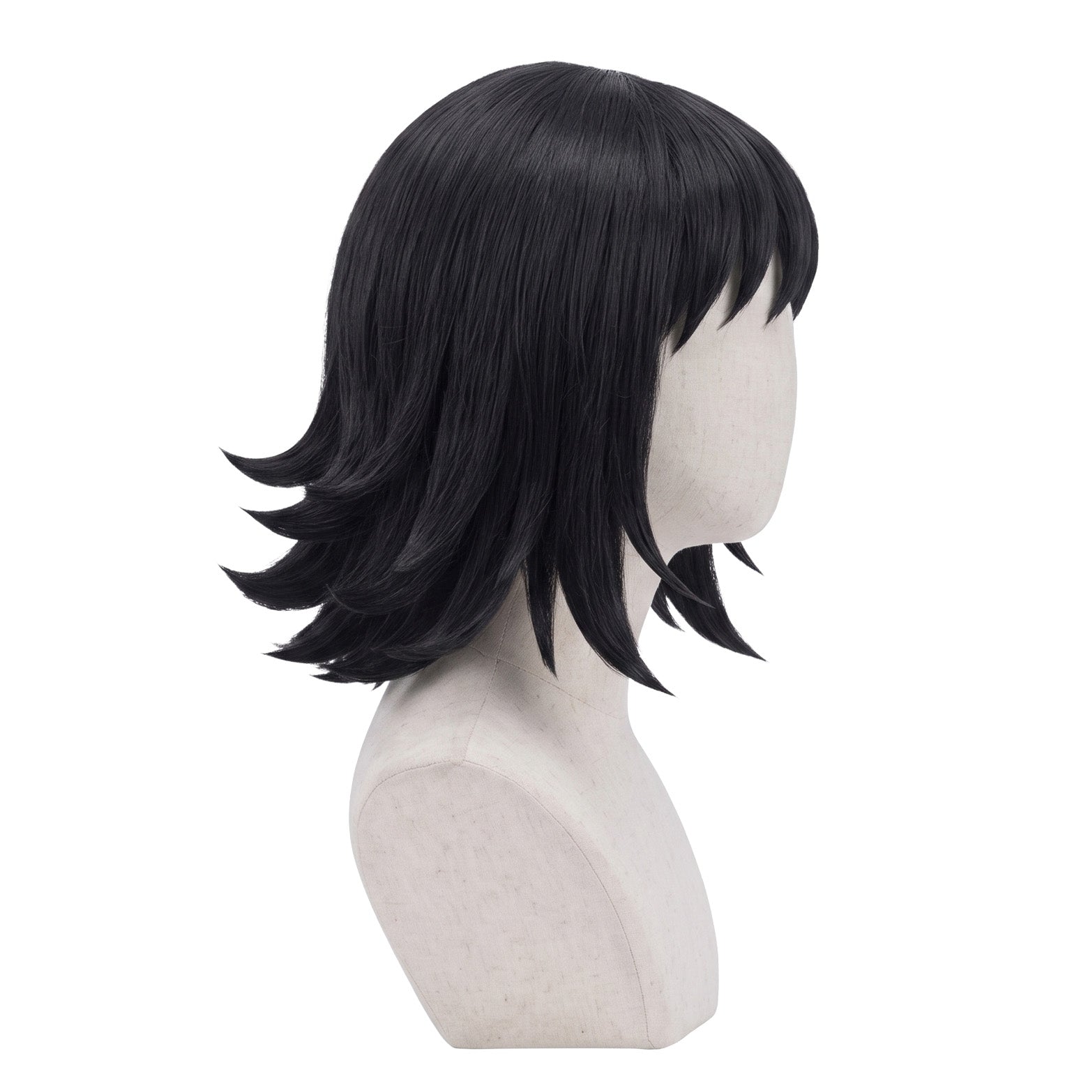 Right side view of Makomo wig featuring black layered hair, outward-spiked tips, neat micro bangs, and the signature Demon Slayer character hairstyle silhouette